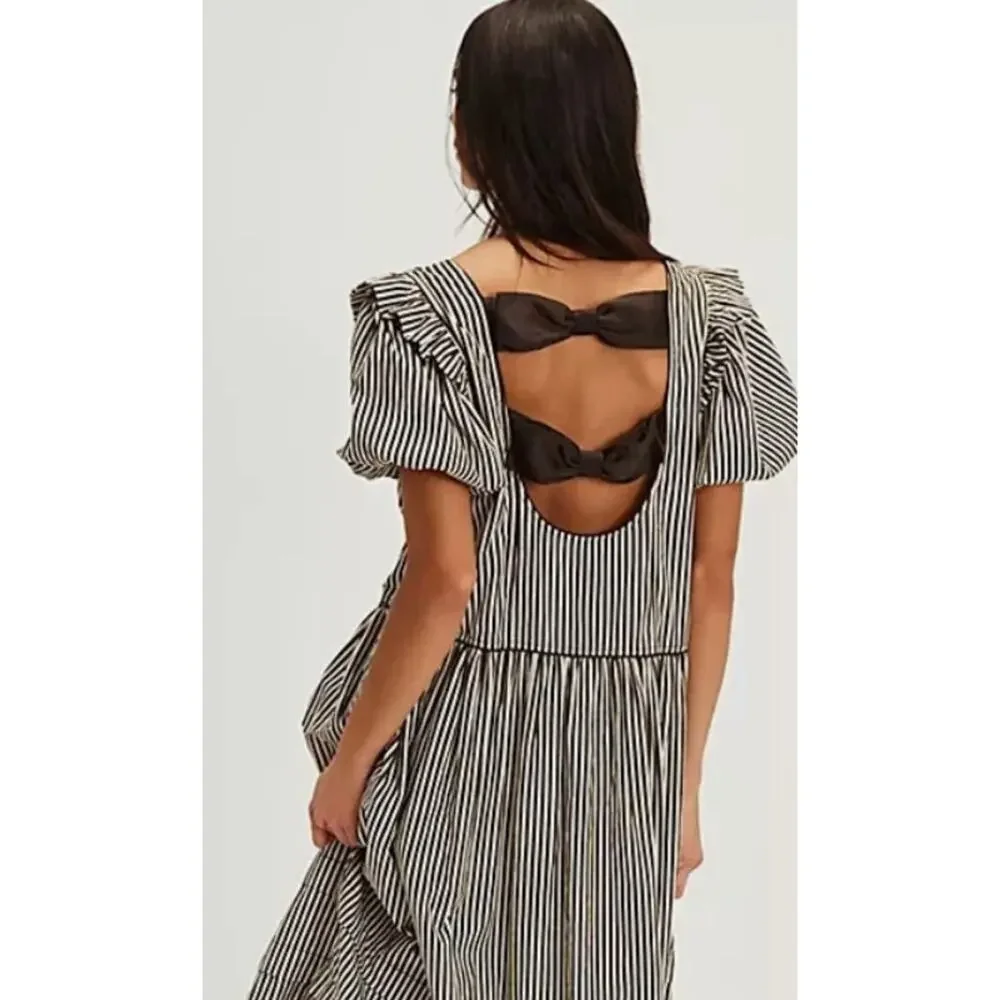 Free People Collier Cord Midi Dress Striped Printed Back Bow Scoop Neck Size S - Picture 2 of 11